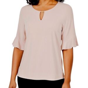 Calvin Klein Women's Blush Keyhole Ruffle Sleeve Blouse Size L